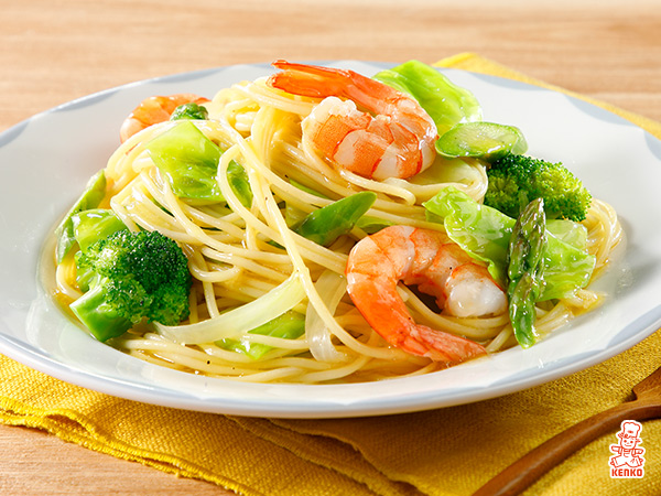 3分の1日分の野菜と海老のバターしょうゆパスタ